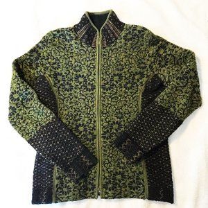 Icelandic Design zip-front cardigan sweater sz S olive green & black